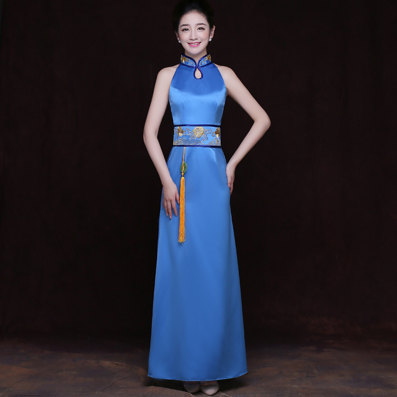 奧運旗袍禮儀服裝長款藍色服裝